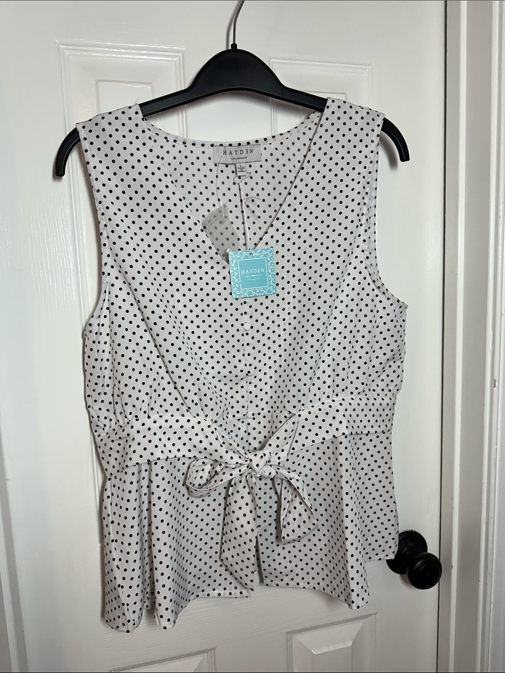 Hayden White Polka Dot Tie-Front Sleeveless Top NWT. Large.